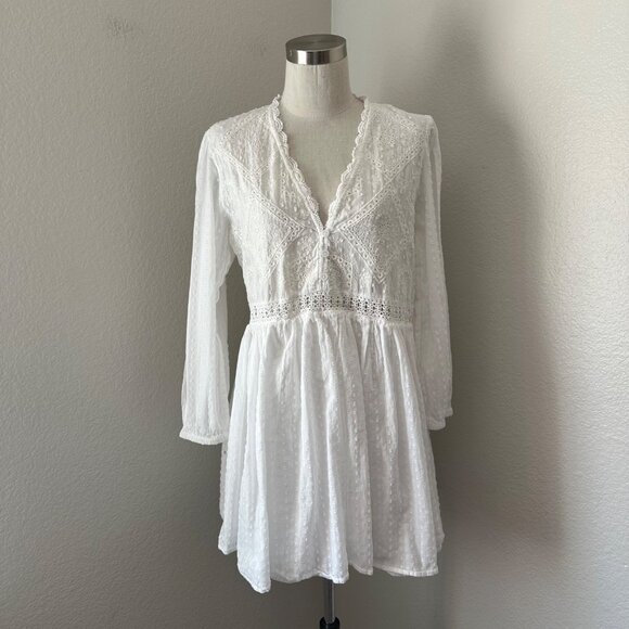 Zara White Swiss Dot Long-Sleeve Embroidered Boho Mini Dress Intricate Lace S - Picture 2 of 14
